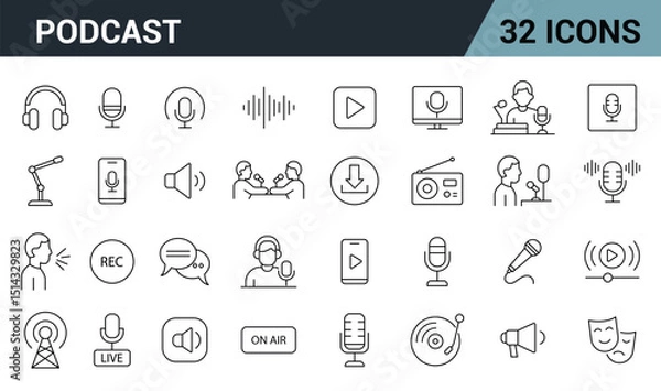 Fototapeta Podcast Line Editable Icons Set. Includes Microphones, Headphones, Sound Waves, Recording, Streaming, Radio, Interview Scenes, and More. Vector Illustration.