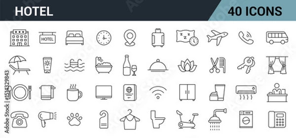 Fototapeta Hotel Line Editable Icons Set. Includes Bed, Room Key, Reception, Spa, Pool, Luggage, WiFi, Air Conditioning, and more. Vector Illustration.