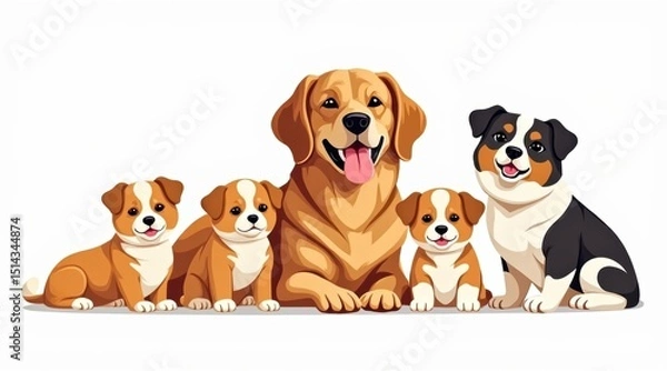 Fototapeta A happy group of cartoon dogs and puppies sits together, smiling and playful on a white background.