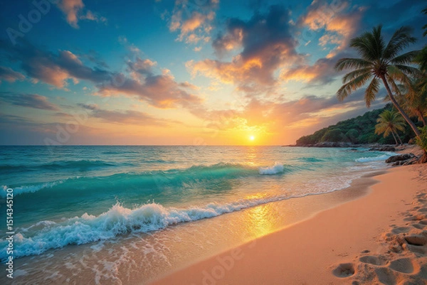 Fototapeta beach with palm trees and the ocean at sunset