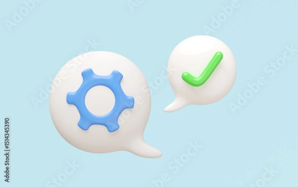 Obraz 3D checkmarks and gear with chat bubble. Ideal for confirmation, technology, communication concept.Simple, clean, modern design. tick marks and cogwheel. Represents approval, industry and engineering.
