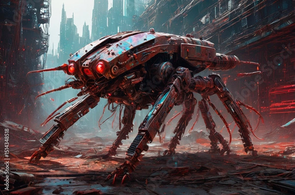 Obraz Futuristic Spider Robot in a Sci-Fi Cityscape. Generative AI.