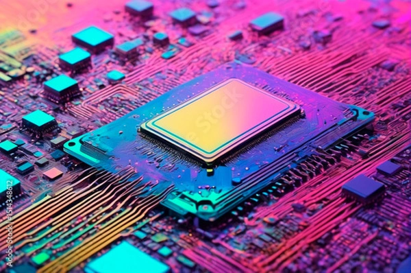Obraz Vibrant Circuit Board Close-Up with Focus on Central Chip. Generative AI.