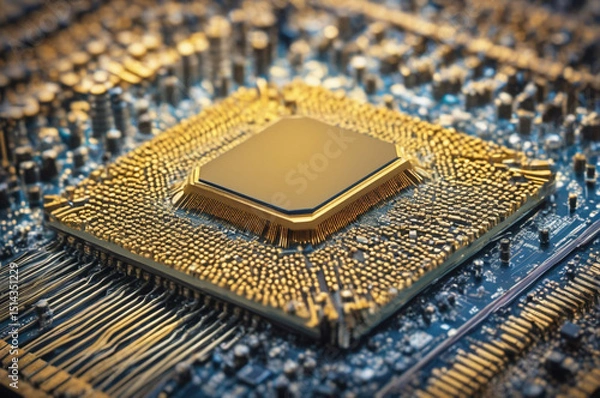 Fototapeta Close-Up of a Computer CPU on Circuit Board. Generative AI.