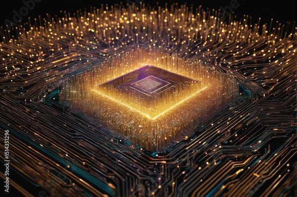 Fototapeta Glowing Circuit Board and Microchip with Golden Lights. Generative AI.
