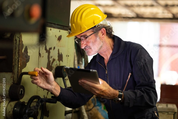 Fototapeta engineering man working : Manufacture technical and factory senior caucasian staff working on machine at industry factory. Professional Mechanical Engineer