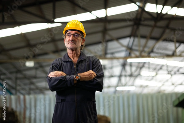 Fototapeta Portrait engineering man : Manufacture technical and factory senior caucasian staff standing  at industry factory. Professional Mechanical Engineer
