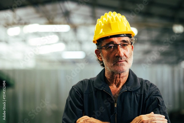 Fototapeta Portrait engineering man : Manufacture technical and factory senior caucasian staff standing  at industry factory. Professional Mechanical Engineer