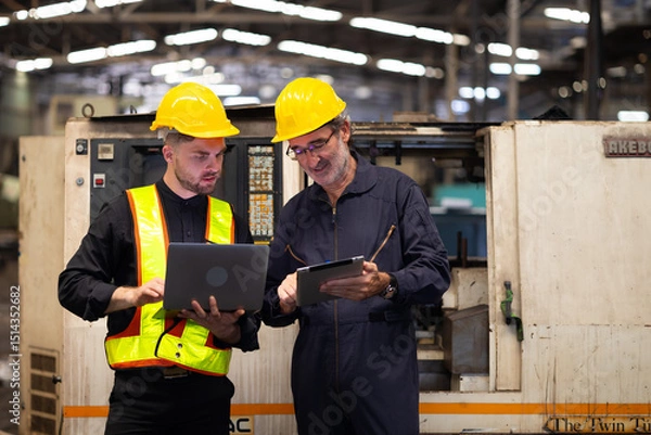 Fototapeta Two engineering man : Manufacture technical and factory staff working while Using digital tablet computer at industry factory
