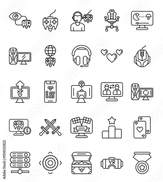 Fototapeta Array of gaming icons shows controller headset chair treasure chest VR headset monitor and other gaming symbols