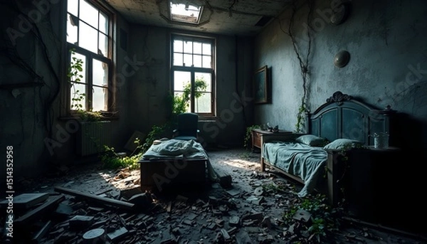 Fototapeta Interior of a decaying room showing nature reclaiming, a surreal blend of ruin and resilience