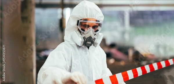 Fototapeta Officials from the Department of Hazardous substances control bureau is investigating the leak of a hazardous chemical in chemical industry plant. Man with safety protective mask in factory