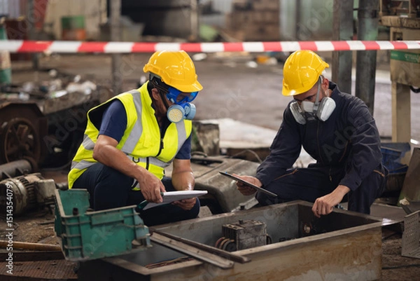 Fototapeta teamwork : Officials from the Department of Hazardous substances control bureau is investigating the leak of a hazardous chemical in chemical industry plant. Man with safety protective mask in factory