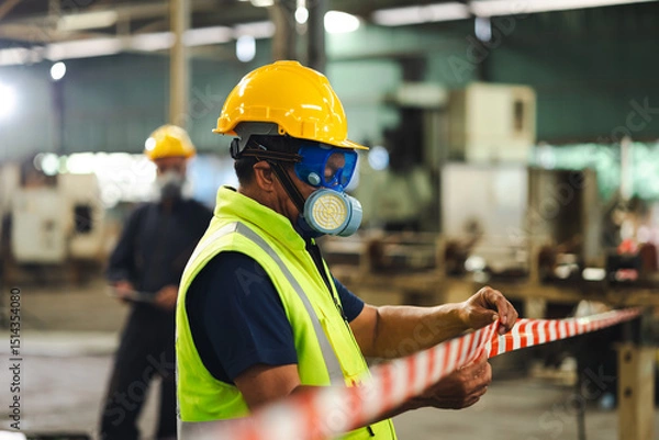 Fototapeta teamwork : Officials from the Department of Hazardous substances control bureau is investigating the leak of a hazardous chemical in chemical industry plant. Man with safety protective mask in factory