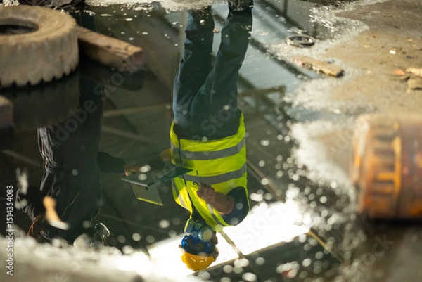 Fototapeta teamwork : Officials from the Department of Hazardous substances control bureau is investigating the leak of a hazardous chemical in chemical industry plant. Man with safety protective mask in factory