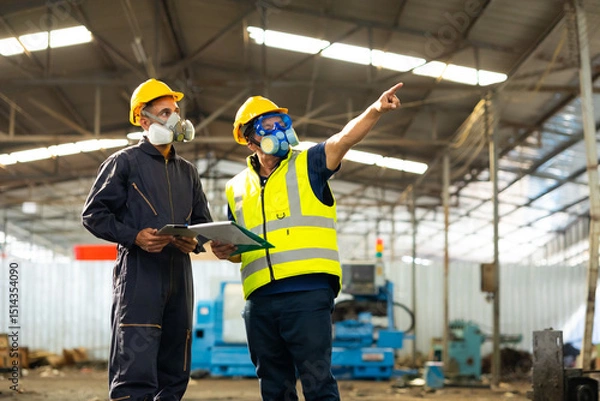 Fototapeta teamwork : Officials from the Department of Hazardous substances control bureau is investigating the leak of a hazardous chemical in chemical industry plant. Man with safety protective mask in factory