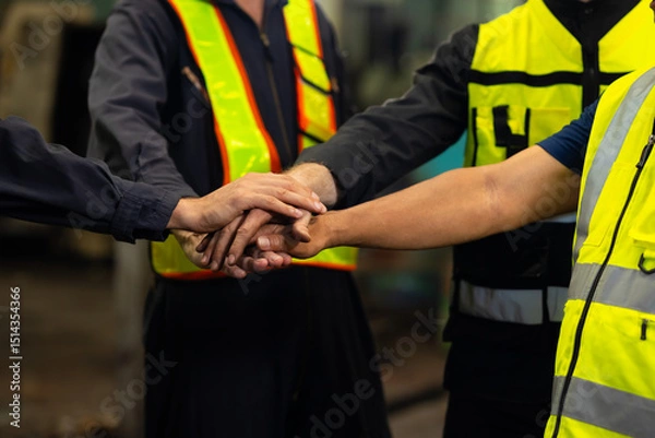Fototapeta team hands together. Professional team working at workplace. Unity and teamwork. Group portrait engineer factory manager worker and mechanic team together in factory workplace