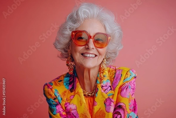 Obraz Happy senior woman in colorful neon outfit, funny sunglasses and extravagant style, laughing and smiling, trendy grandma posing in studio