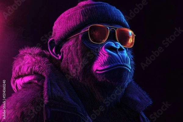 Obraz Neon portrait of gorilla rapper, gangsta monkey character. Generative AI