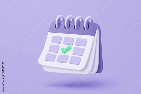 Fototapeta 3d calendar date and time for reminder day with notice alert. Calendar clock for schedule appointment and marked notifications alert concept. 3d date reminder icon vector render illustration