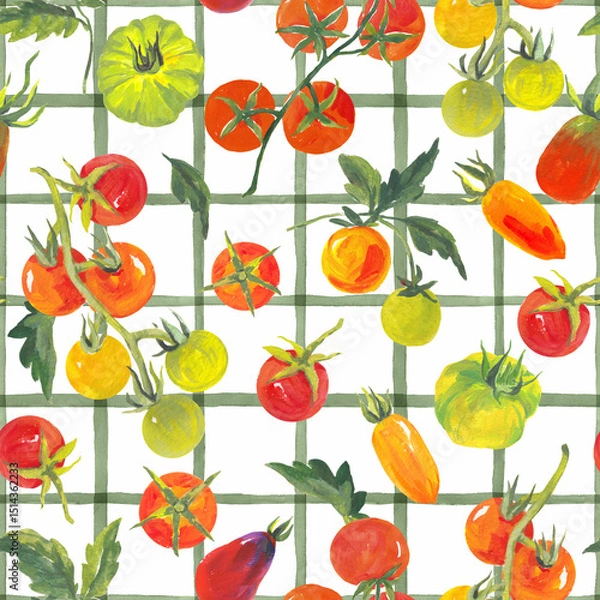 Fototapeta Trendy seamless summer pattern featuring colorful tomatoes on a checkered background, painted in vibrant acrylic style. This playful tropical-inspired design is perfect for fashion, fabric, textiles