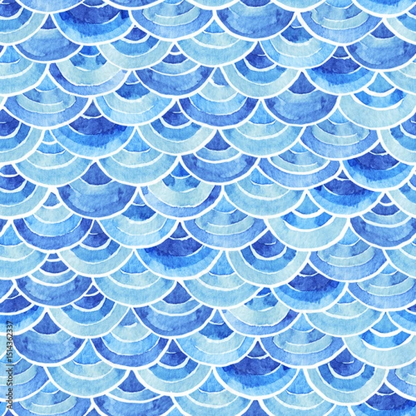 Fototapeta Abstract wallpaper with scales. Blue half-circular pattern. Watercolor hand drawn Background and wallpaper red design style.