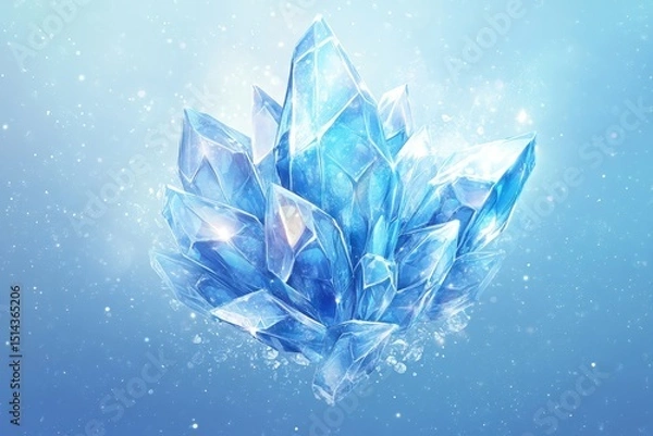 Fototapeta Ice crystal, light blue background with glass effect  illustration for prints, cmyk color mode