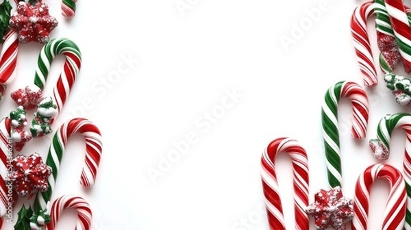 Fototapeta Christmas red, green, white striped candy cane rectabgle frame, horizontal border isolated on white background, clip art, cut out , PNG illustration for new year design