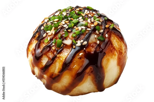 Fototapeta Japanese takoyaki ball topped with thick sauce, green onions, and bonito flakes, isolated on white transparent background, concept of street food