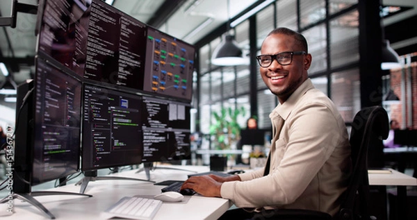 Fototapeta Smiling African-American Man Developing Web Code