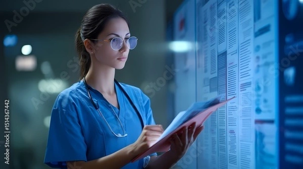 Obraz Young Female Medical Professional Reviewing Patient Information at Hospital