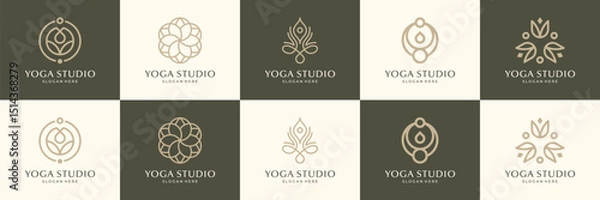 Fototapeta Minimalist yoga logos and icons set. Graphic design elements in outline style usable for yoga studio, fitness ana spa center.
