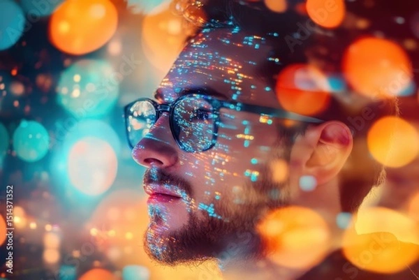 Fototapeta Businessman engaged in analyzing big data insights with a digital overlay of information and colorful lights at an evening workspace