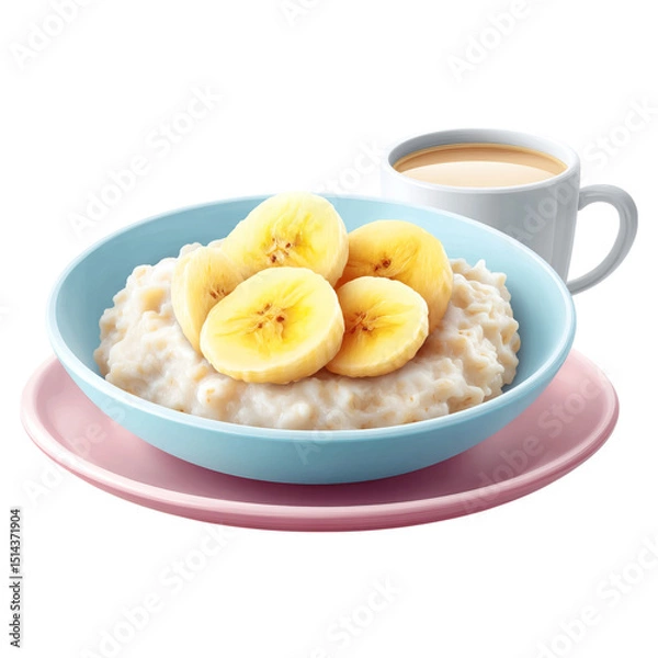 Fototapeta Low sodium concept. Delicious oatmeal topped with fresh banana slices and coffee.