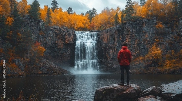 Fototapeta Autumn Waterfall Scenic.  A solitary figure stands on a rock overlooking a cascading waterfall amidst a vibrant autumn forest.  The water, cascading over rocky cliffs, creates a serene ambiance. 