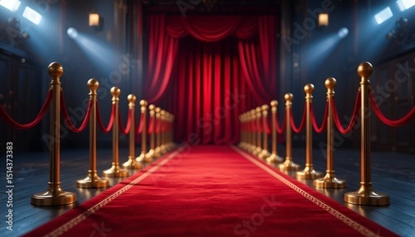 Fototapeta A red carpet, lined with golden stanchions, stretches to a draped stage under bright spotlights.