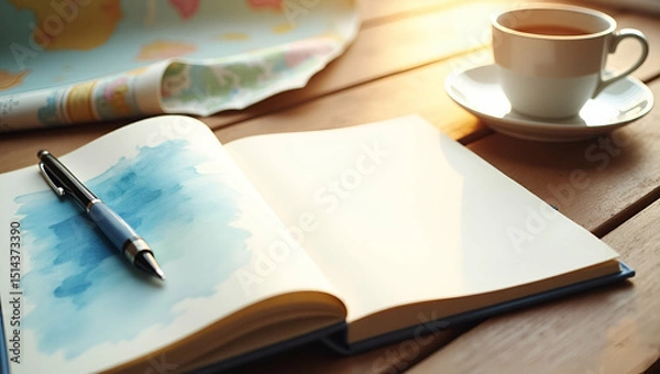 Fototapeta Open Journal with Pen on Wooden Table Next to Teacup and Folded Map in Morning Light - Reflective Weekend Journaling Session - Cozy and Inviting Atmosphere with Empty Space