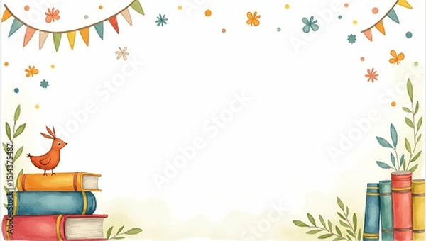 Fototapeta International Children's Book Day Frame: Enchanting Storybooks & Fairy Tale Elements with Space for Quotes on the Left