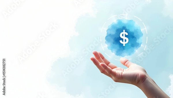 Fototapeta Hand Presenting Holographic Investment Startup Funding Symbol in Minimalist Space - Showcasing Innovative Startup Funding Concepts in Photo Stock
