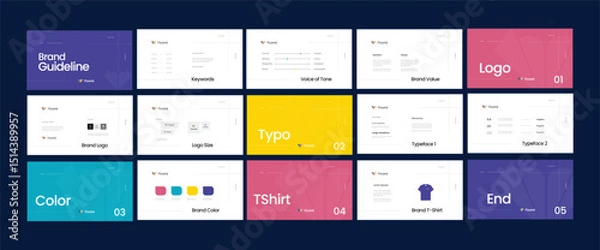 Fototapeta colorful brand guidelines template, modern business branding manual for creative studio, startup, educational, entertainment, fashion, lifestyle, tech startups with playful positioning 