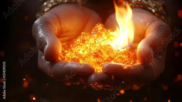 Obraz Glowing, fiery crystals held gently in cupped hands adorned with gold jewelry, sparks and embers surrounding