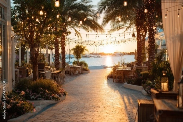 Obraz Sunset Beachfront Restaurant Pathway With String Lights