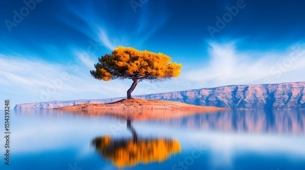 Fototapeta Solitary golden-leaved tree on a small island in calm, reflective water, with mountains in the background under a vibrant blue sky