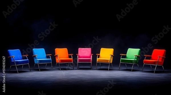 Fototapeta Seven vibrantly colored armchairs arranged in a circle on a dark stage, illuminated by a subtle spotlight, creating a dramatic and mysterious atmosphere