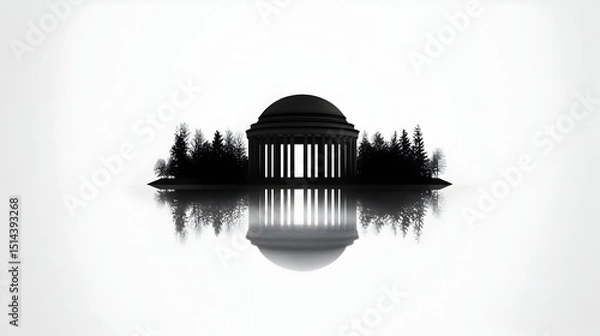 Fototapeta Silhouette of a neoclassical rotunda with a dome, reflected in still water, surrounded by stylized trees against a white background