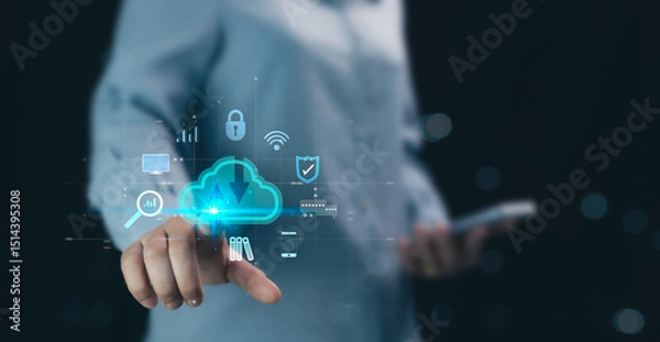 Fototapeta The concept of cloud computing technology is the use of services via the Internet network to store data and transfer files with servers distributed around the world and accessible from anywhere.