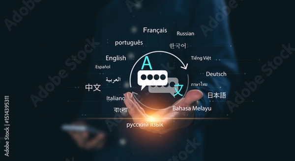Fototapeta The concept of global language translation with online application system, technology for communication in important languages ​​in business and trade, exchange negotiation, language translation app.