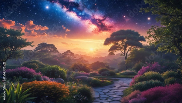 Fototapeta Enchanted Garden at Sunset: An ethereal garden scene, bathed in the warm embrace of sunset, unfolds with vibrant flowers and lush foliage under a mesmerizing starlit sky.