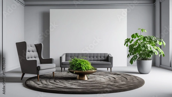 Fototapeta Modern Living Room: A contemporary living room, featuring a comfortable sofa, elegant armchair, and a stylish round rug, with a large blank canvas.