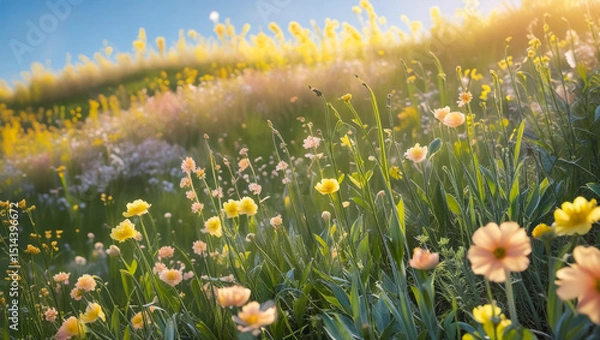 Fototapeta Golden Meadow Vista: Capture the vibrant beauty of a sun-kissed meadow, where a tapestry of wildflowers and verdant grasses sway gently under a bright blue sky, showcasing the radiant glow of nature.